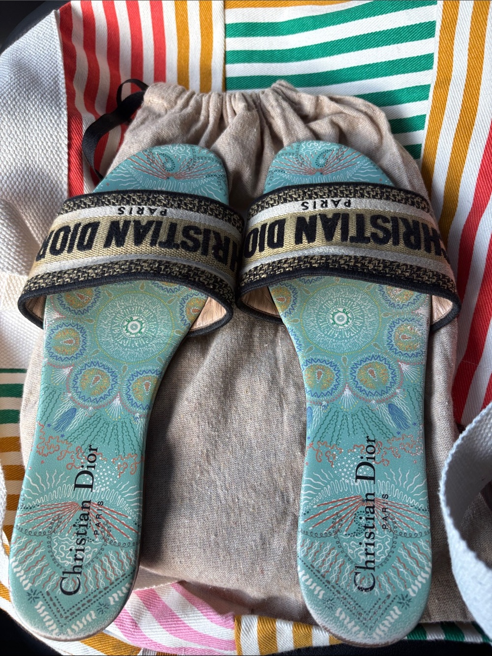 Dior Turquoise Patterned Slide Sandals with Black & Gold Strap